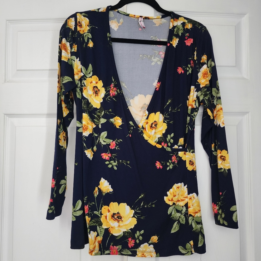 Soft deep V xl top Navy with floral design by Attitude Unknown